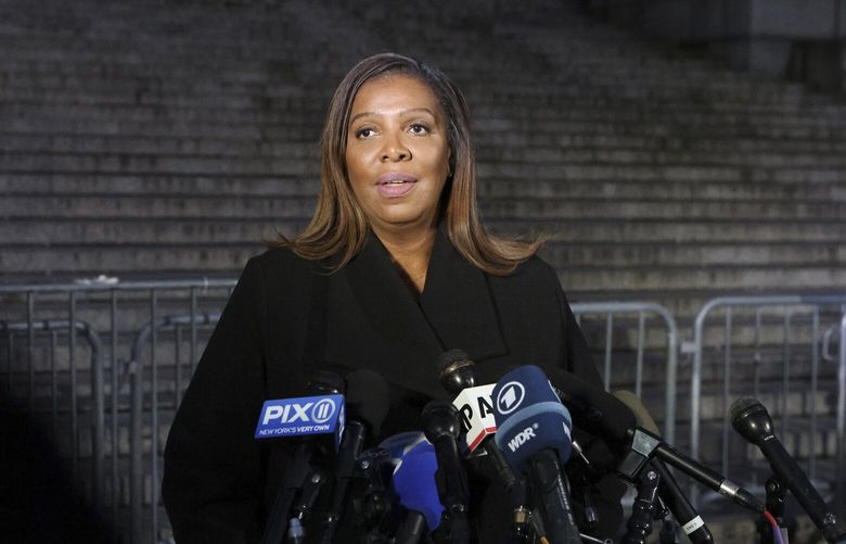 FILE — New York State Attorney General Letitia James speaks to reporters after the final day in former President Donald Trump’s civil fraud trial at the State Supreme Court building in Manhattan, on Jan.11, 2024. After the judgment against Donald Trump was handed down, James said that “there cannot be different rules for different people in this country, and former presidents are no exception.” (Jefferson Siegel/The New York Times) XNYT0734 XNYT0734