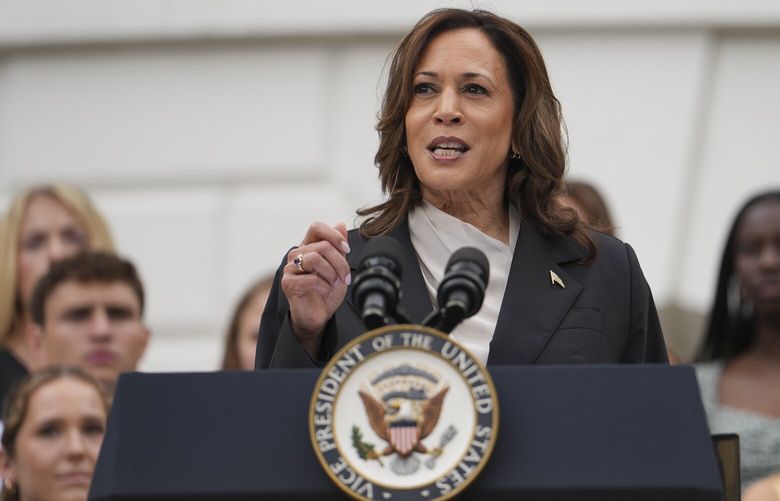 Vice President Kamala Harris speaks at an event for NCAA champions on the South Lawn of the White House in Washington, on Monday, July 22, 2024. (Erin Schaff/The New York Times) XNYT0195 XNYT0195