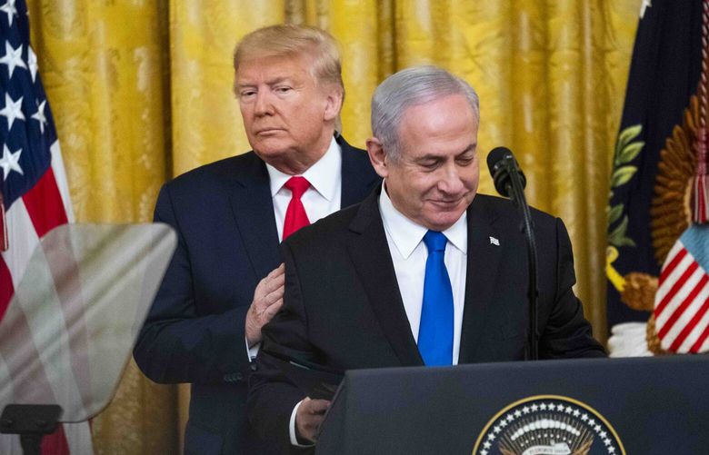 FILE – Then-President Donald Trump, left, with Prime Minister Benjamin Netanyahu of Israel during a joint news conference at the White House on Jan. 28, 2020. Netanyahu could expect a freer hand if Trump returns to the presidency, but he must rely on President Joe Biden for another six months. (Doug Mills/The New York Times) XNYT0393 XNYT0393
