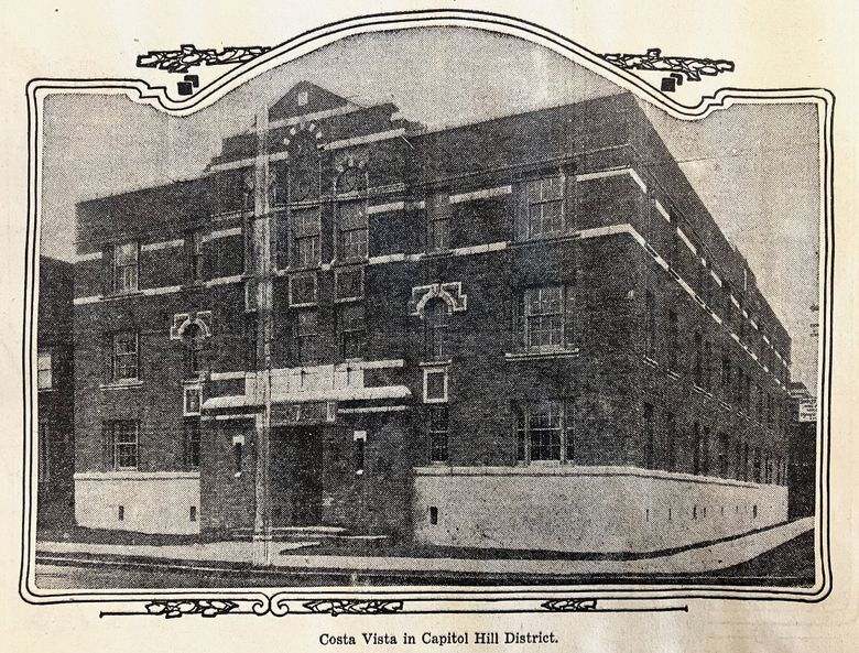 This photo of the Costa Vista apartments from the Dec. 5, 1926, edition of The Seattle Daily Times shows the original location of the now-preserved terra-cotta. (Lawrence Kreisman)