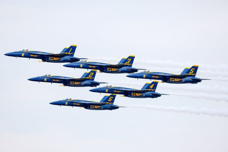 All six of the Blue Angels fly in formation at the end of last year&#8217;s airshow. (Jennifer Buchanan / The Seattle Times, 2023)