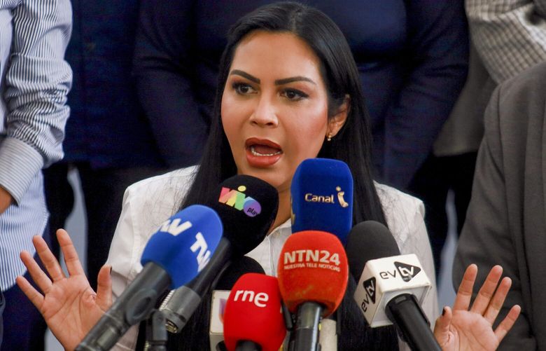 Opposition spokesperson Delsa Solorzano speaks at the opposition’s campaign headquarters in Caracas, Venezuela, Friday, Aug. 2, 2024, five days after the disputed presidential election. (AP Photo/Bernardo Suarez) OTK110 OTK110