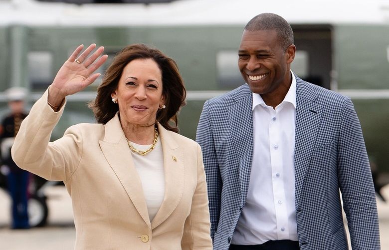 FILE — Vice President Kamala Harris, with her brother-in-law Tony West, walk to board Air Force Two at Joint Base Andrews in Md., on July 20, 2024. Tony West, the top lawyer for Uber, is weighing in on polling and running mates. His presence has made some liberals anxious. (Erin Schaff/The New York Times) XNYT0594 XNYT0594