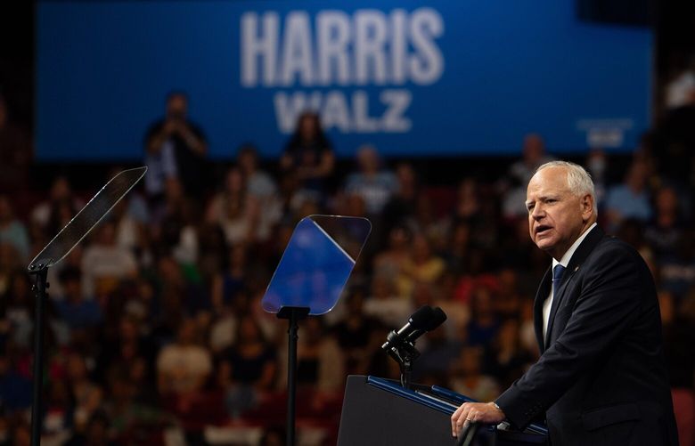 Gov. Tim Walz of Minnesota at a campaign rally for his introduction as the running mate of Vice President Kamala Harris, the Democratic presidential nominee, at the Liacouras Center in Philadelphia, on Tuesday, Aug. 6, 2024. It’s said that vice-presidential candidates do not affect voter choices much, and that seems to be true with a small group of undecided voters in swing states that The New York Times has been checking in with over the last seven weeks. (Erin Schaff/The New York Times) XNYT0955