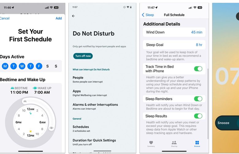 Both Apple and Google include features in their phone software designed to help you get distraction-free sleep sessions. From left, the iOS Sleep Schedule screen, Android’s Do Not Disturb controls, the Sleep settings in the iOS Health app and a morning alarm on an Android phone. (Apple and Google via NYT)