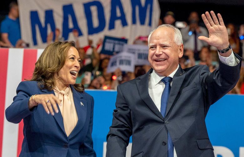 Vice President Kamala Harris and her Democratic running mate candidate, Minnesota Gov. Tim Walz, arrive at a campaign event at Temple University’s Liacouras Center on Tuesday, Aug. 6, 2024, in Philadelphia. (Tom Gralish/The Philadelphia Inquirer/TNS)