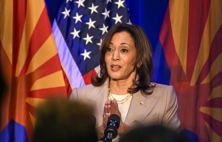 FILE — Vice President Kamala Harris speaks during a campaign rally in Tucson, Ariz., Friday, April 12, 2024. Arizona has drifted toward Donald Trump since he lost it in 2020. Democrats hope the vice president’s momentum could turn their fortunes around there. (Kenny Holston/The New York Times) XNYT0334