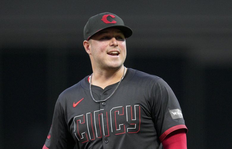 Cincinnati Reds first baseman Ty France stands at first base during a baseball game against the San Francisco Giants, Friday, Aug. 2, 2024, in Cincinnati. (AP Photo/Jeff Dean) OHJD OHJD