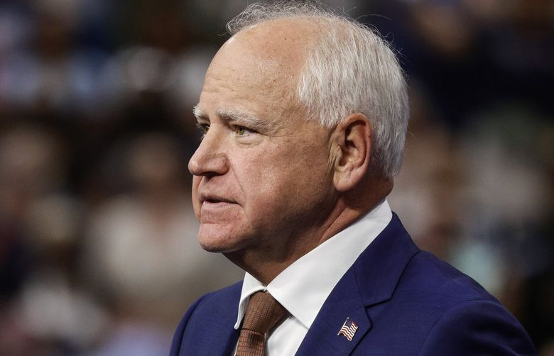 Minnesota Gov. Tim Walz, at a rally at the Desert Diamond Arena in Glendale, Ariz., on Friday, Aug. 9, 2024. Conservatives have criticized Walz over a Minnesota law guaranteeing access to menstrual products in public schools from fourth grade up, but it has not been implemented as a mandate to place tampons in boys’ restrooms. (Adriana Zehbrauskas/The New York Times) XNYT0429 XNYT0429