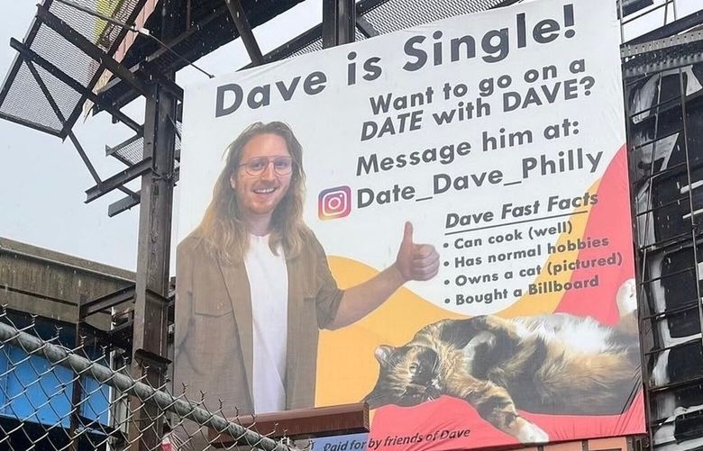 David Cline’s billboard, on the way to West Philadelphia and near 34th Street, notes that he can cook and has a cat and “normal hobbies.” MUST CREDIT: David Cline
