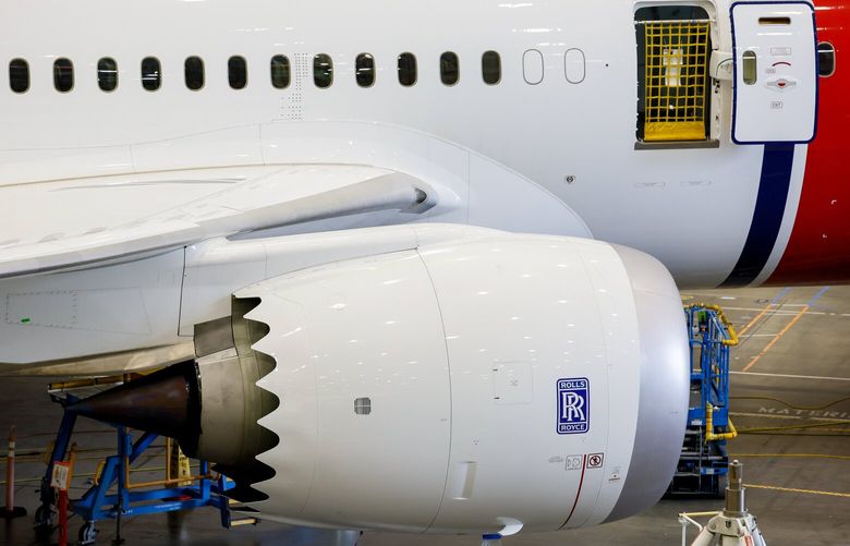 **Image is embargoed to Sat., July 20, at 12:01 GMT, Fri., July 19 at 8:01 p.m. ET and 5:01 p.m. PT**
A Rolls Royce engine on a 787-9 at the Boeing Everett Production Facility Wednesday, June 26, 2024 in Everett, WA. 227341