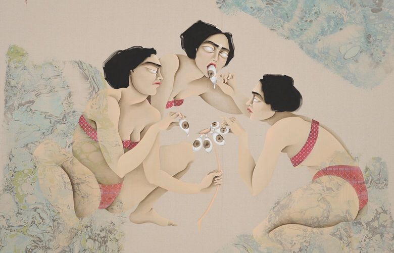 At the Frye Art Museum, talent-to-watch Hayv Kahraman peers into who’s (in)visible, who’s scrutinized, and most importantly, who resists the gaze. (Courtesy of Hayv Kahraman, Jack Shainman Gallery, New York, Pilar Corrias, London, The Third Line, Dubai and Vielmetter Los Angeles.  Institute of Contemporary Art San Francisco. Glen Cheriton, Impart Photography)