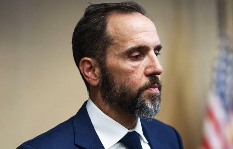 Special Counsel Jack Smith departs after delivering remarks about an indictment of former President Donald Trump during a news conference at a Department of Justice office in Washington, Aug. 1, 2023. Former President Donald J. Trump was charged with four counts in connection with his efforts to subvert the will of voters in 2020. “Despite having lost, the defendant was determined to remain in power,” the indictment says. (Doug Mills/The New York Times) XNYT0814 XNYT0814 XNYT0814