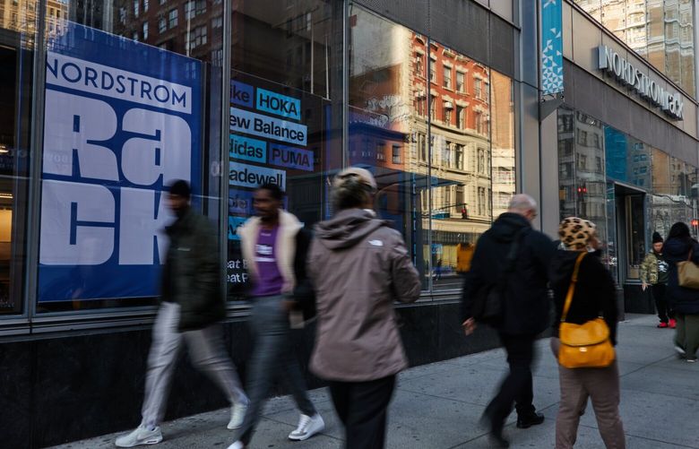A Nordstrom Rack store in New York on Feb. 26, 2024. Nordstrom released earnings figures on Tuesday. (Bing Guan / Bloomberg)