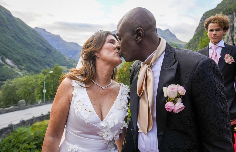 Norway’s Princess Martha Louise and Durek Verrett arrive for their wedding party, in Geiranger, Norway, Saturday Aug. 31, 2024. (Heiko Junge/NTB via AP) LBJ161 LBJ161