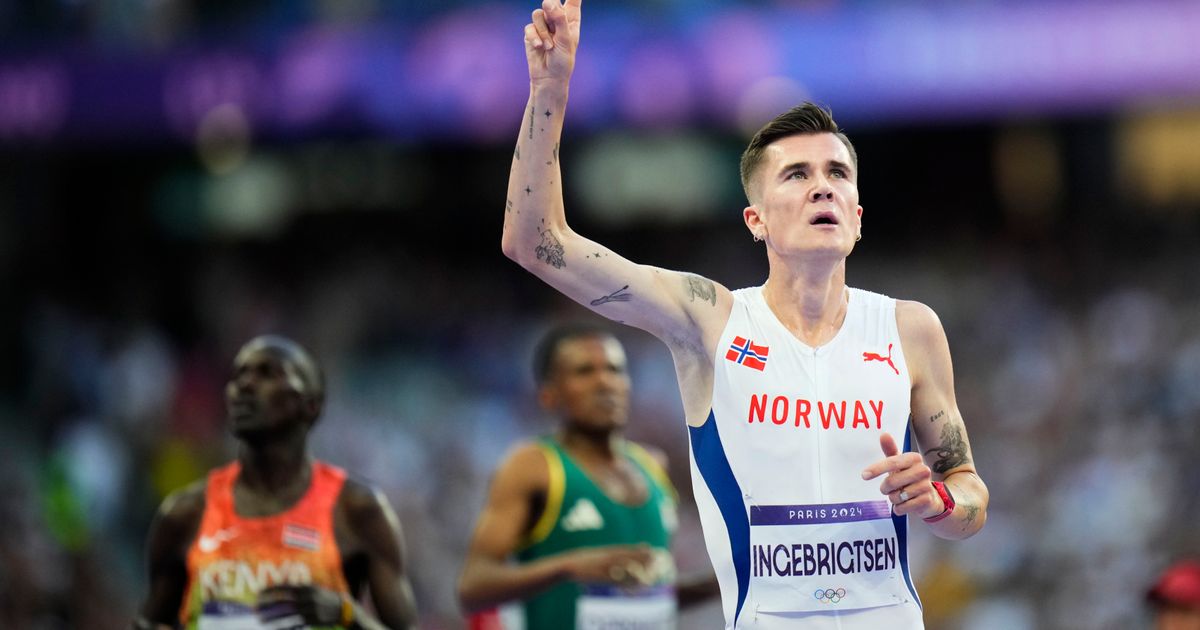 Jakob Ingebrigtsen of Norway wins the 5,000 meters at the Paris