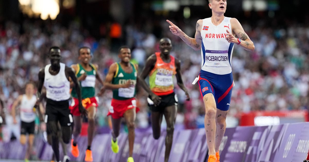 Jakob Ingebrigtsen of Norway wins the 5,000 meters at the Paris