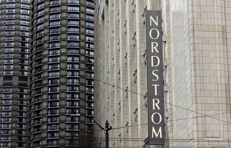 The Nordstrom flagship store sign in Seattle on Feb. 6, 2023. (Daniel Kim / The Seattle Times)