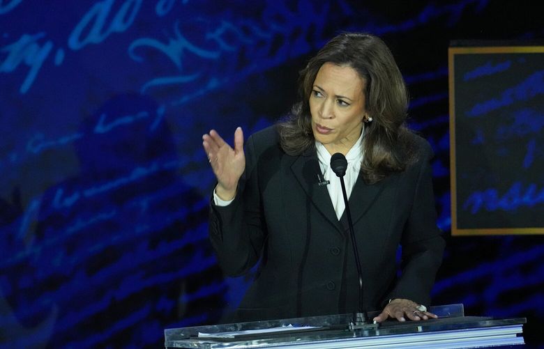 Vice President Kamala Harris speaks during the presidential debate with former President Donald Trump at the National Constitution Center in Philadelphia, on Tuesday, Sept. 10, 2024. (Doug Mills/The New York Times) XNYT0727 XNYT0727