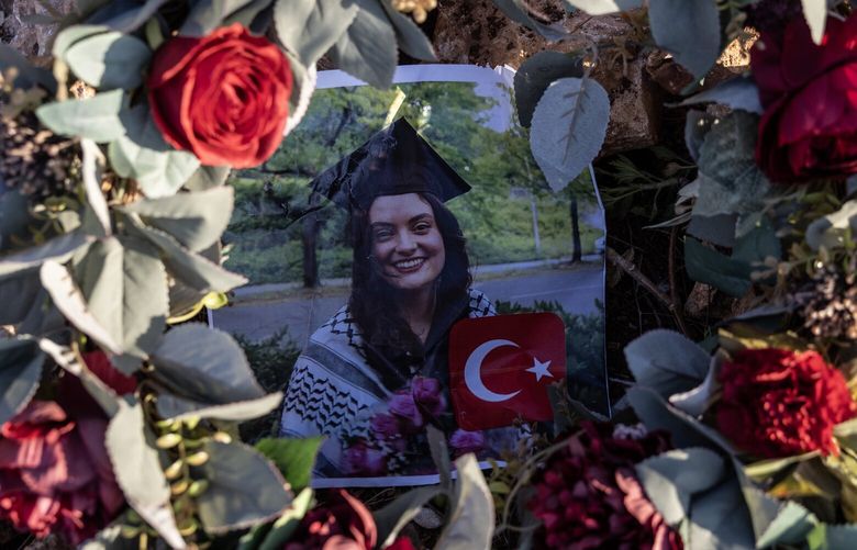 A memorial for Turkish American activist Aysenur Eygi at the site where she was shot dead near Beita. MUST CREDIT: Heidi Levine for The Washington Post