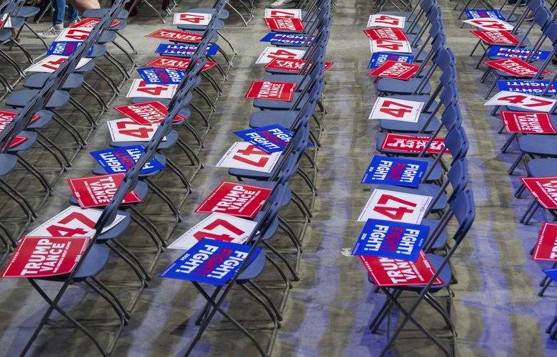 Attendees of a campaign rally for former President Donald Trump, the Republican presidential nominee, inside Summit Arena in Johnstown, Pa., on Friday, August 30, 2024. (Hiroko Masuike/The New York Times) XNYT0558 XNYT0558