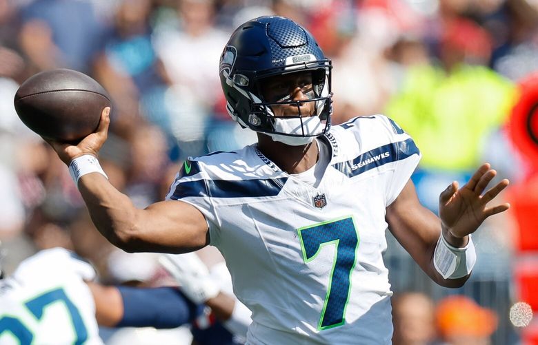 Seattle Seahawks quarterback Geno Smith throws out a pass during the second quarter Sunday, Sept. 15, 2024 in Foxborough, MA. 227985