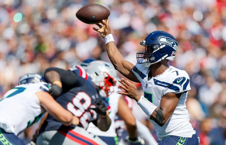 Seattle Seahawks quarterback Geno Smith throws out a pass during the first quarter Sunday, Sept. 15, 2024 in Foxborough, MA. 227985