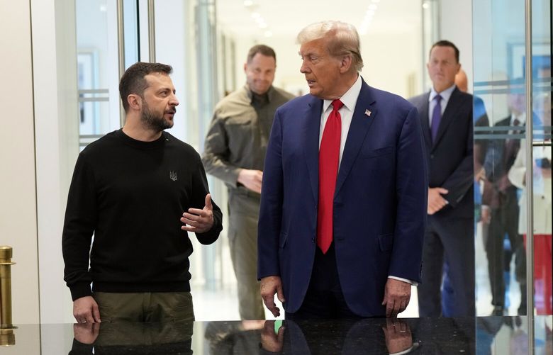 President Volodymyr Zelenskyy of Ukraine, left, meets with former President Donald Trump, the Republican nominee for president, at Trump Tower in New York on Friday, Sept. 27, 2024. (Doug Mills/The New York Times) XNYT0378 XNYT0378