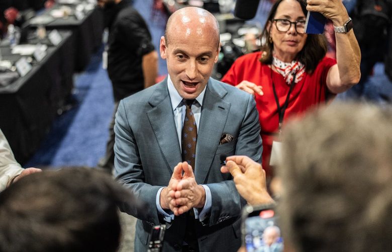 FILE – Stephen Miller, a former adviser to President Donald Trump and the head of America First Legal, speaks to reporters following the presidential debate between Trump and Vice President Kamala Harris at the National Constitution Center in Philadelphia, on Tuesday, Sept. 10, 2024. America First Legal is working with the Republican National Committee on its election litigation efforts. (Graham Dickie/The New York Times) XNYT0823 XNYT0823