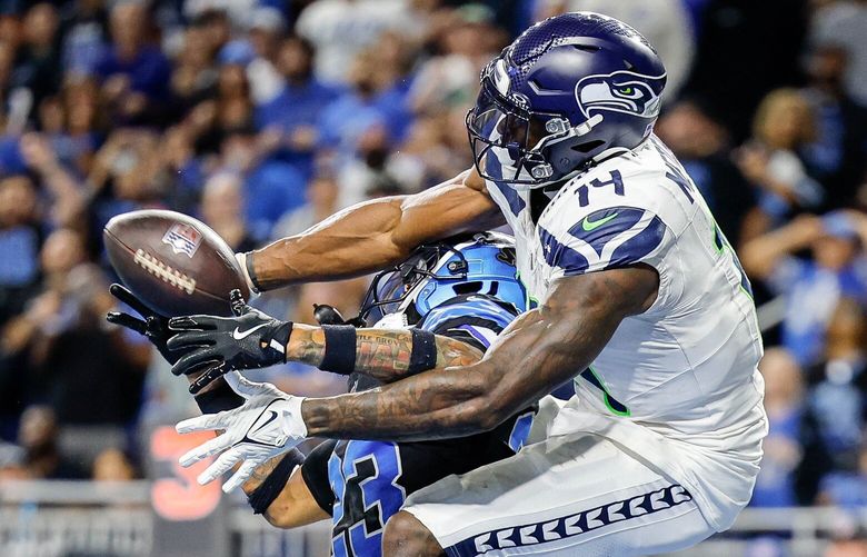 On third and goal from the three, the pass to DK Metcalf is incomplete, and narrowly misses being intercepted by Detroit’s Carlton Davis III in the fourth quarter.  The Seattle Seahawks played the Detroit Lions in NFL Monday Night Football Sept. 30, 2024, at Ford Field, in Detroit, MI. 228091