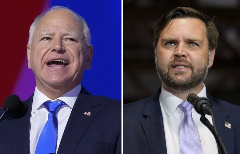 This combination of photos shows Democratic vice presidential candidate Minnesota Gov. Tim Walz, left, at the DNC on Aug. 21, 2024, in Chicago, and Republican vice presidential nominee Sen. JD Vance, R-Ohio, on Sept. 25, 2024, in Traverse City, Mich. (AP Photo) NYAB802 NYAB802