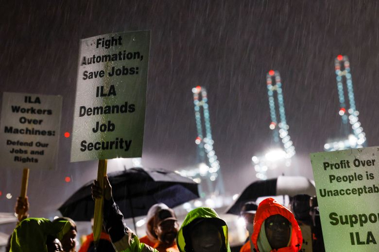 Dockworkers at ports from Maine to Texas go on strike, a standoff risking  new shortages | The Seattle Times