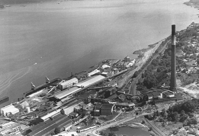 This 1983 photo shows the ASARCO copper smelter in Tacoma. The stack was demolished in 1993. (Vic Condiotty / The Seattle Times, 1983)