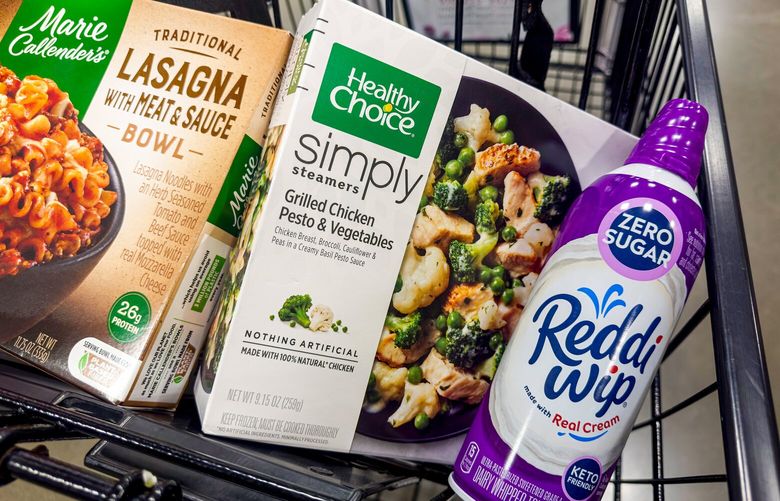 Conagra Marie Callender’s, Healthy Choice and Reddi Wip brand products arranged at a store in San Francisco, California, US, on Wednesday, Oct. 4, 2023. Conagra Brands Inc. released earnings figures on October 5. 776045252