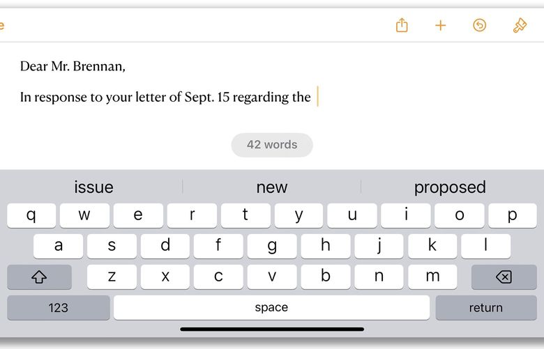 In an undated image provided by Apple, typing in a smartphone’s landscape mode with the predictive text feature enabled makes the keyboard bigger for two-thumb typing, but smartphones have many other settings and tools to make text input even easier. Shortcuts, small external keyboards and even improved (and free) dictation software can make long sessions of text input much simpler. (Apple via The New York Times) 