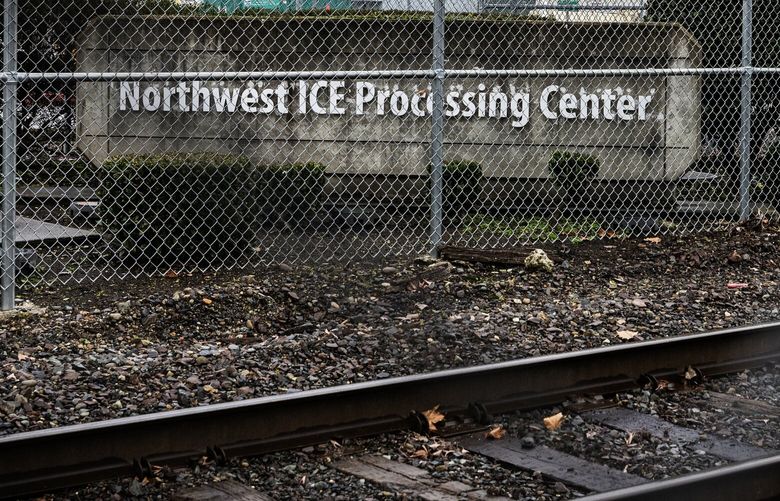 The Northwest ICE Processing Center, Sunday, Feb. 18, 2024, in Tacoma, where Japanese American organizers from Tsuru for Solidarity joined local immigrant rights group La Resistencia in a protest to call for its shutdown.