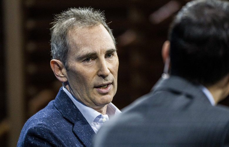 Andy Jassy, CEO of Amazon, speaks during the DealBook Summit at the Lincoln Center in New York, on Nov. 30, 2022. Companies like Amazon have required a return to the office five days a week despite findings showing benefits to employers that allow some remote days. (Hiroko Masuike / The New York Times)