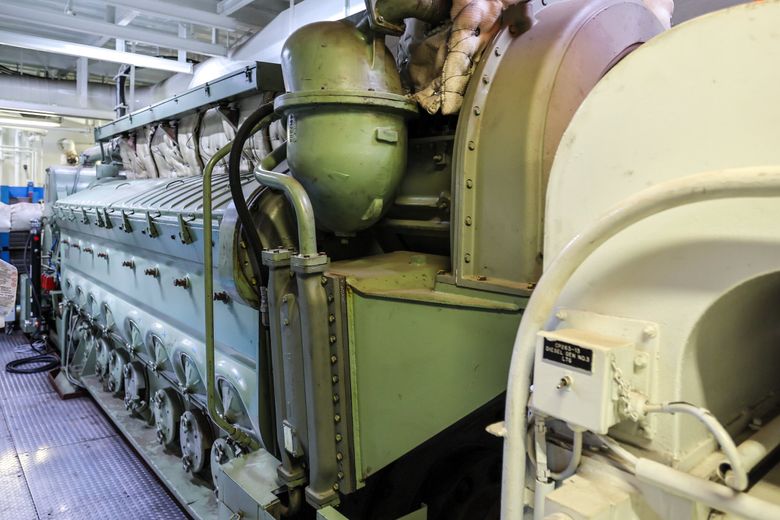 An existing engine on the Wenatchee in the Vigor shipyard is shown Oct. 10 in Seattle. (Kevin Clark / The Seattle Times)