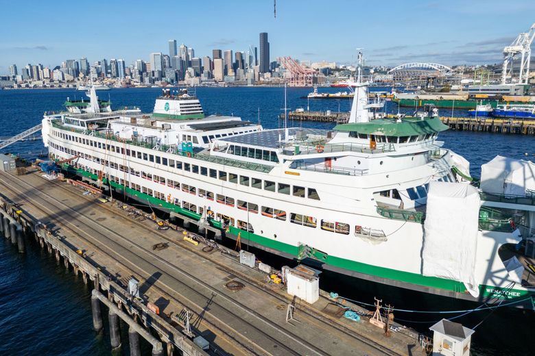 The Wenatchee undergoes a hybrid engine retrofit in the Vigor shipyard Oct. 10 in Seattle. (Kevin Clark / The Seattle Times)