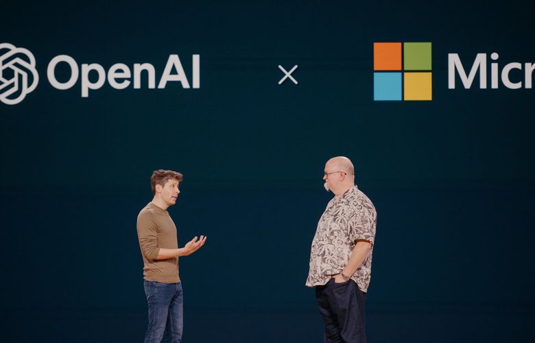 Sam Altman, left, OpenAI’s chief executive, speaks onstage with Kevin Scott, Microsoft’s chief technology officer, during Microsoft’s annual engineering and development conference in Seattle, May 21, 2024. Microsoft and OpenAI’s close partnership shows signs of fraying; the “best bromance in tech” has had a reality check as OpenAI has tried to change its deal with Microsoft and the software maker has tried to hedge its bet on the start-up. (Grant Hindsley/The New York Times) 