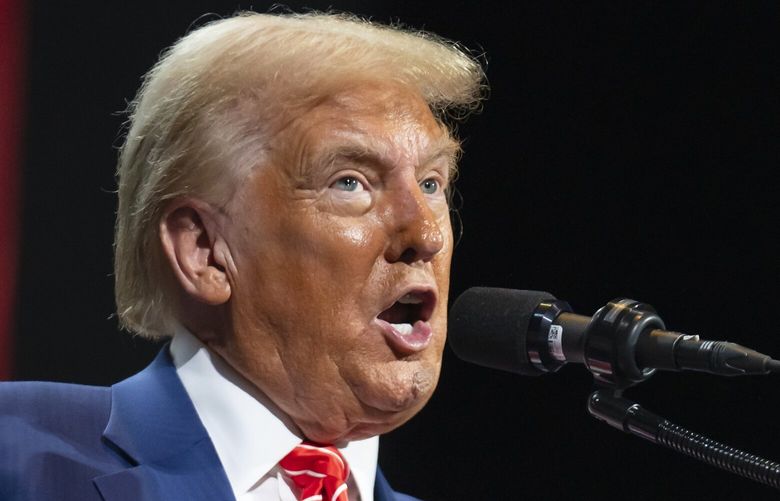 Former President Donald Trump speaks at a campaign rally in Atlanta, Oct. 15, 2024. Trump says that his style is to “weave” from one subject to the next, but others see something more worrisome in his ramblings. (Nicole Craine/The New York Times) XNYT0574 XNYT0574