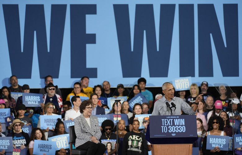 Former President Barack Obama speaks during a campaign rally supporting Democratic presidential nominee Vice President Kamala Harris, Saturday, Oct. 19, 2024, in North Las Vegas, Nev. (AP Photo/John Locher) NVJL119 NVJL119