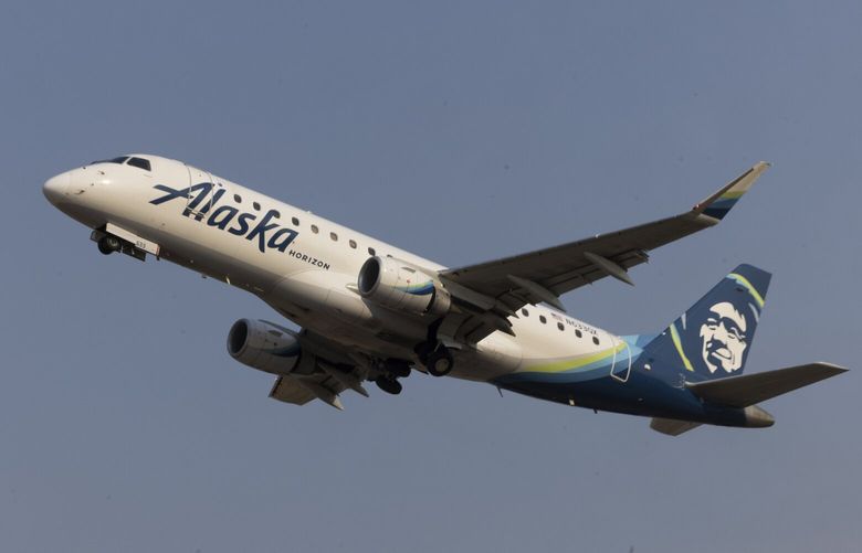 An Alaska Airlines jet takes off from SEA (Seattle-Tacoma International Airport) Friday, August 9, 2024.
 