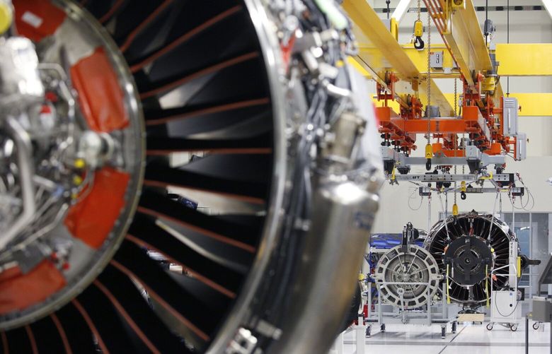 LEAP jet engines are seen on the factory floor of the General Electric Co. (GE) Aviation assembly plant in Lafayette, Indiana, U.S., on Friday, July 19, 2019. General Electric is scheduled to release earnings figures on July 31. Photographer: Luke Sharrett/Bloomberg 775382718