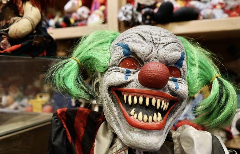 Some of the clowns on display are cute children’s toys. Others are horrifying. MUST CREDIT: Natalie Compton/The Washington Post