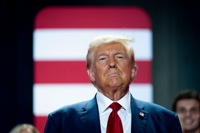 Former President Donald Trump, the Republican presidential nominee, at a town hall-style campaign event at the Crown Complex in Fayetteville, N.C., Oct. 4, 2024. With the passage of time, the 78-year-old former president’s speeches have grown darker, harsher, longer, angrier, less focused, more profane and increasingly fixated on the past, according to a review of his public appearances over the years. (Doug Mills/The New York Times)