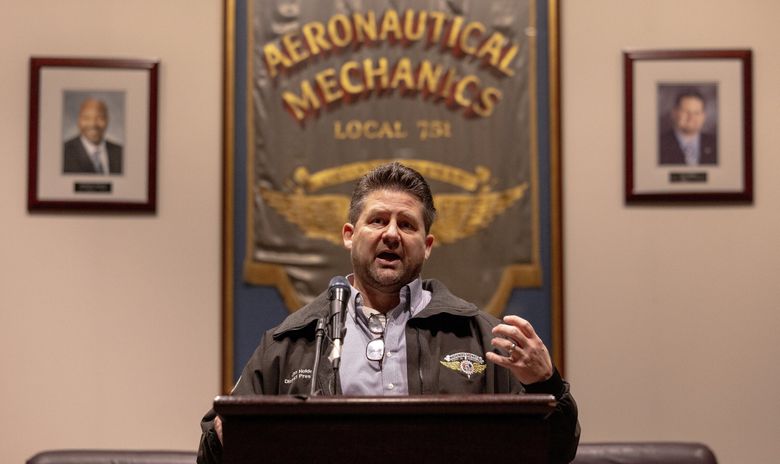 Jon Holden, IAM District 751 president, speaks after Boeing Machinists union members voted to accept Boeing’s latest contract offer on Monday at the Machinists headquarters in Seattle. (Nick Wagner / The Seattle Times)