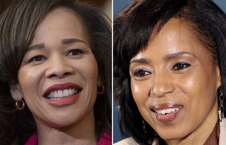 FILE – This combination of photos show U.S. Rep. Lisa Blunt Rochester, D-Del., left, in Washington, on May 15, 2019 and Prince George’s County Executive Angela Alsobrooks in Gaithersburg, Md., on Sept. 20, 2024. (AP Photo, File) TKMY103 TKMY103