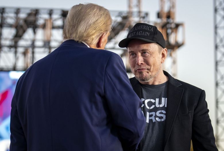 Former President Donald Trump with Elon Musk during a campaign rally in Butler, Pa., on Oct. 5. Apple, Amazon, Google, Meta and others learned during the last Trump administration to expect the unexpected when it came to Washington scrutiny and support. (Doug Mills/The New York Times)