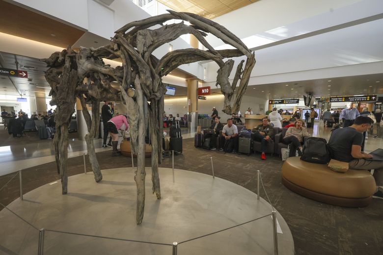 “Blackleaf” by Deborah Butterfield pictured on display at Seattle–Tacoma International Airport. (Ivy Ceballo / The Seattle Times)